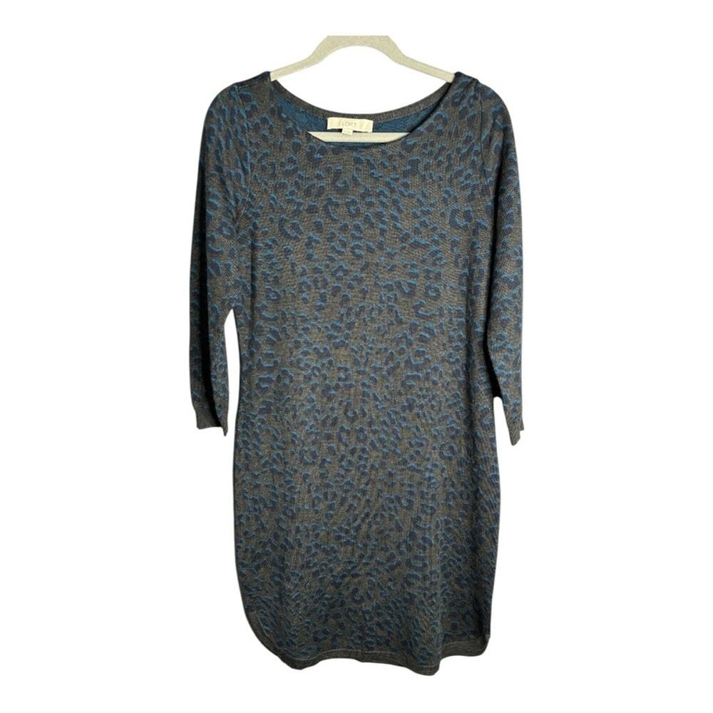 LOFT Gray and Blue Leopard Print Sweater Dress Medium